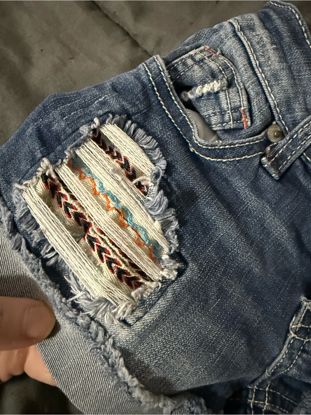 Soundgirl Distressed Blue Denim Shorts with Embroidered Pocket - Picture 3 of 5